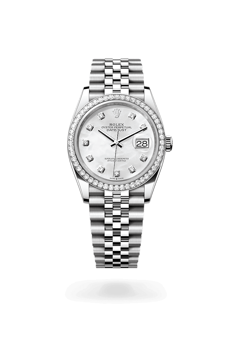 Rolex Datejust 36 in Oyster, 36 mm, Oystersteel, witgoud en diamanten with a Wit parelmoer, bezet met diamanten dial, Bezet met diamanten bezel, and Jubilee, vijfdelige schakels bracelet