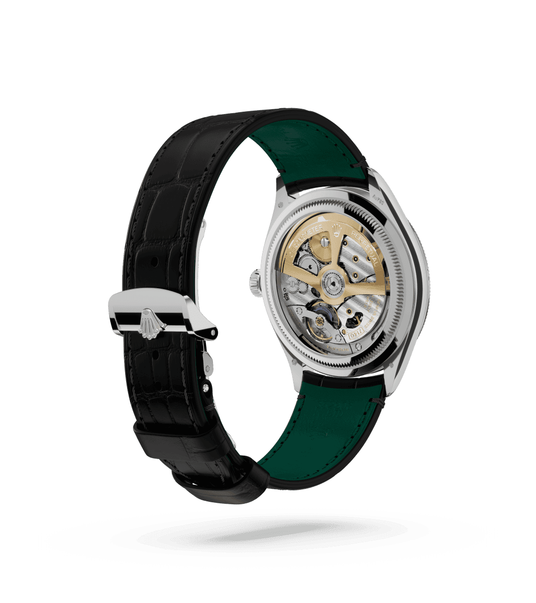 Rolex 1908 in 39 mm, 18 ct white gold, polished finish with a Intense black dial, Domed and fluted bezel, and Leather strap bracelet