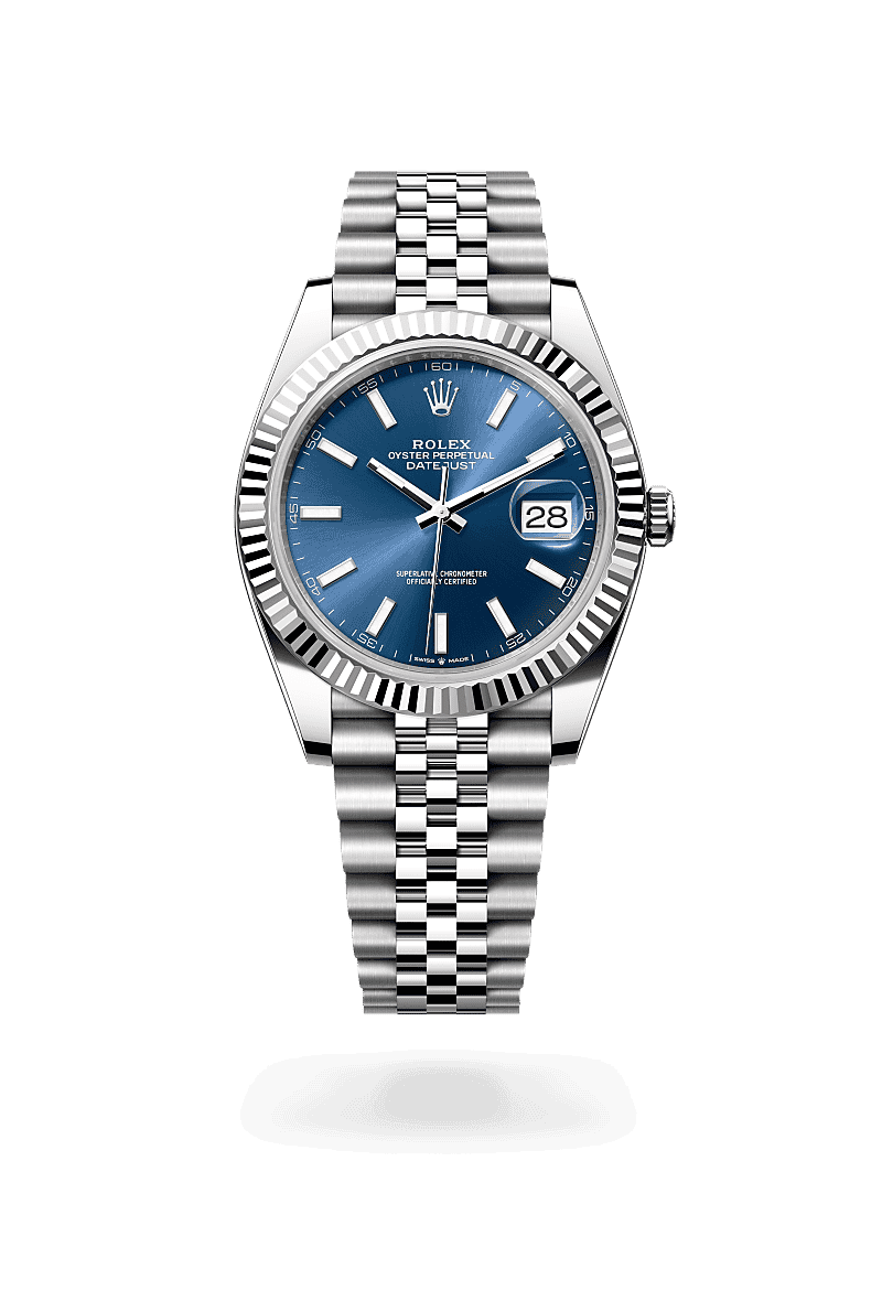 Rolex Datejust 41 in Oyster, 41 mm, Oystersteel en witgoud with a Helderblauw dial, Gekarteld bezel, and Jubilee, vijfdelige schakels bracelet