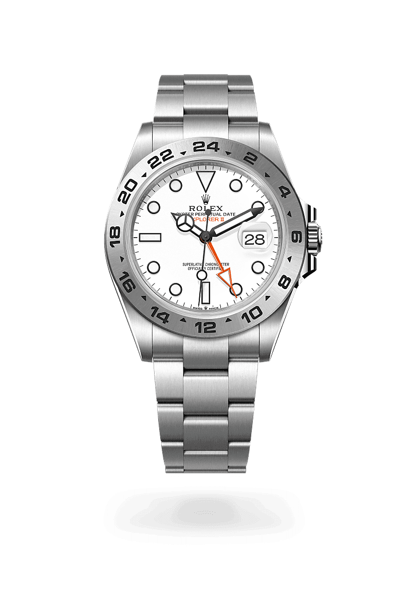 Rolex Explorer II in Oyster, 42 mm, Oystersteel with a Wit dial, Vast, 24-uurs schaalverdeling bezel, and Oyster, massieve driedelige schakels bracelet
