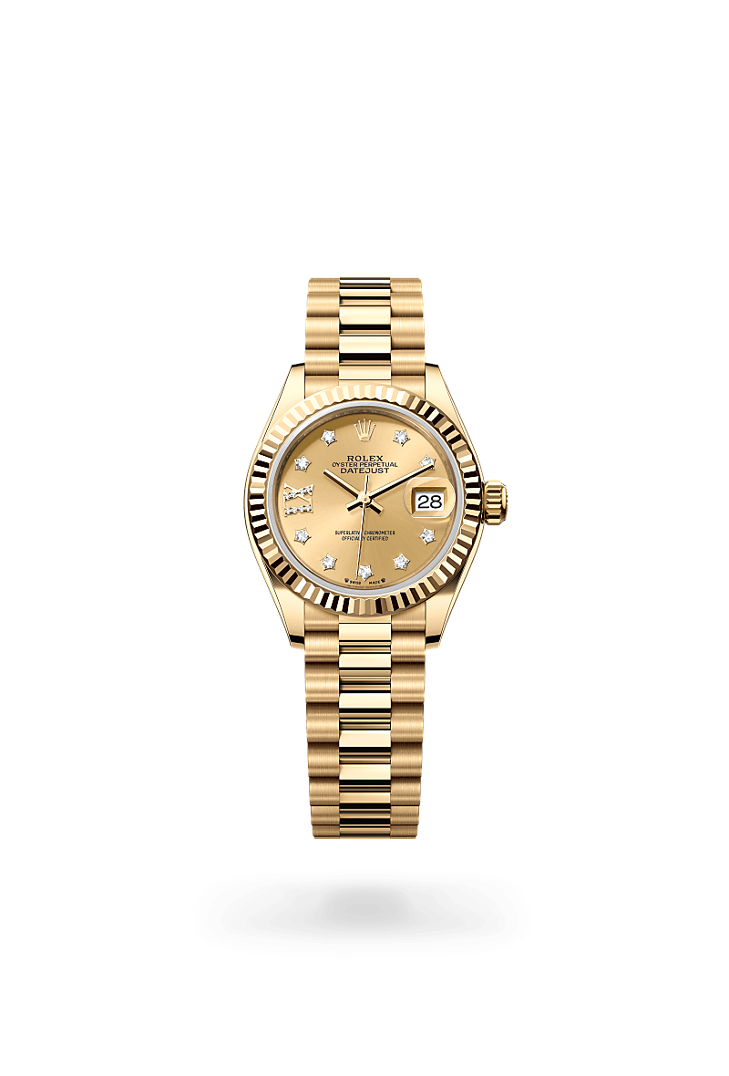 Rolex Lady-Datejust in Oyster, 28 mm, geelgoud with a Champagnekleurig bezet met diamanten dial, Gekarteld bezel, and President, halfronde driedelige schakels bracelet