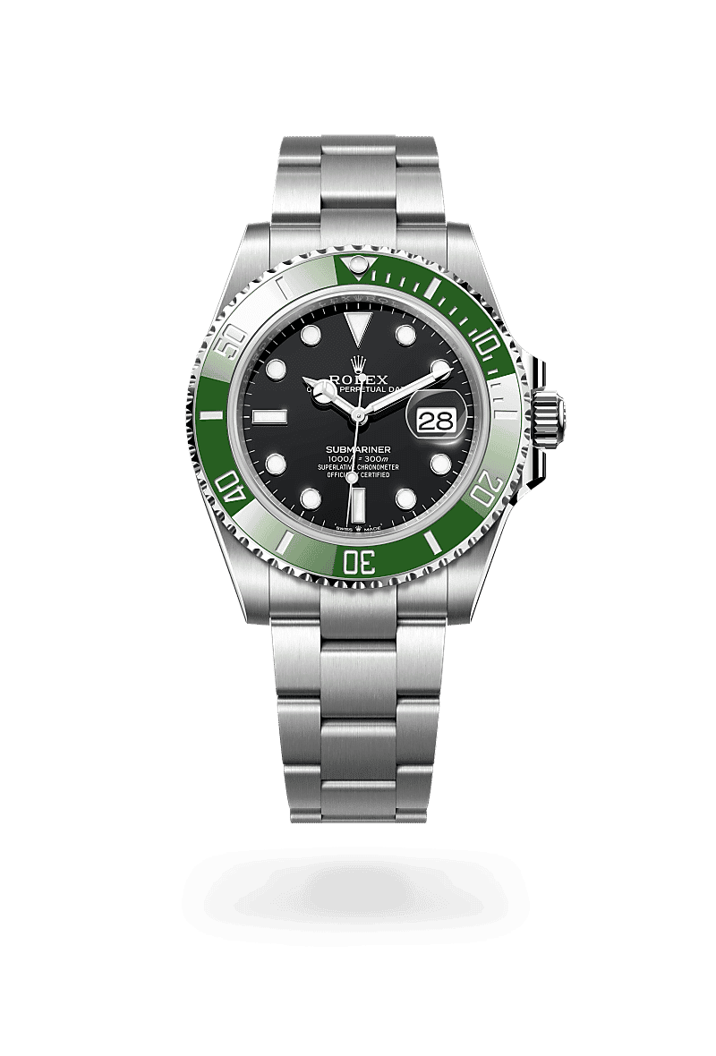 Rolex Submariner Date in Oyster, 41 mm, Oystersteel with a Zwart dial, Unidirectioneel draaibaar met 60-minutenverdeling, krasbestendige keramische Cerachrom-ring van groene keramiek, cijfers en schaalverdelingen met platina coating bezel, and Oyster, massieve driedelige schakels bracelet