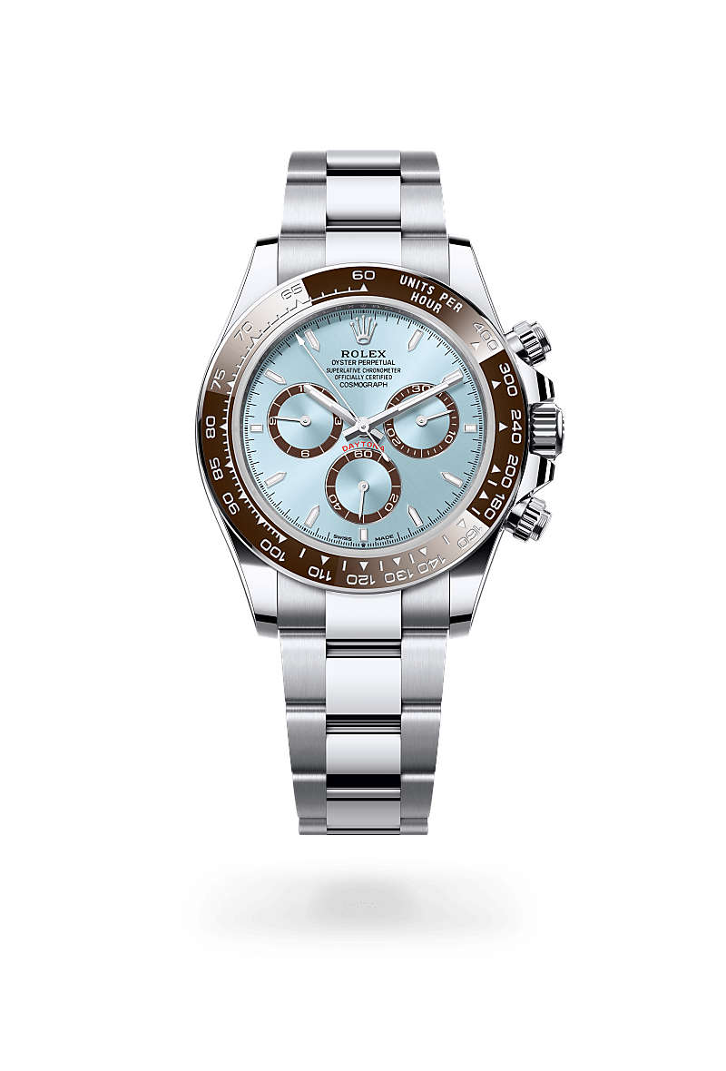 Rolex Cosmograph Daytona in Oyster, 40 mm, platina with a IJsblauw, kastanjebruine tellerringen dial, Kastanjebruine keramische Cerachrom-bezel uit één stuk met gevormde cijfers en schaalverdelingen bezel, and Oyster, massieve driedelige schakels bracelet