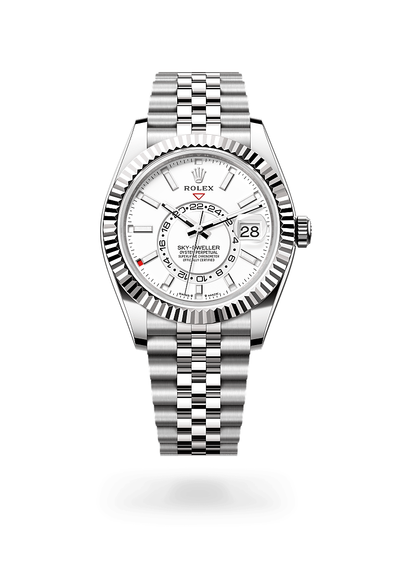 Rolex Sky-Dweller in Oyster, 42 mm, Oystersteel en witgoud with a Hagelwit dial, Gekarteld, bidirectioneel draaibare Rolex Ring Command bezel, and Jubilee, vijfdelige schakels bracelet