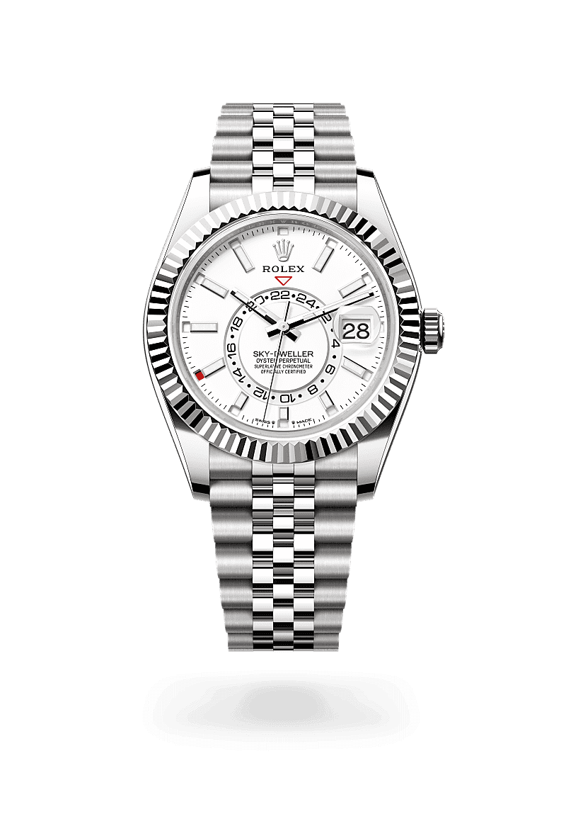 Rolex Sky-Dweller in Oyster, 42 mm, Oystersteel en witgoud with a Hagelwit dial, Gekarteld, bidirectioneel draaibare Rolex Ring Command bezel, and Jubilee, vijfdelige schakels bracelet