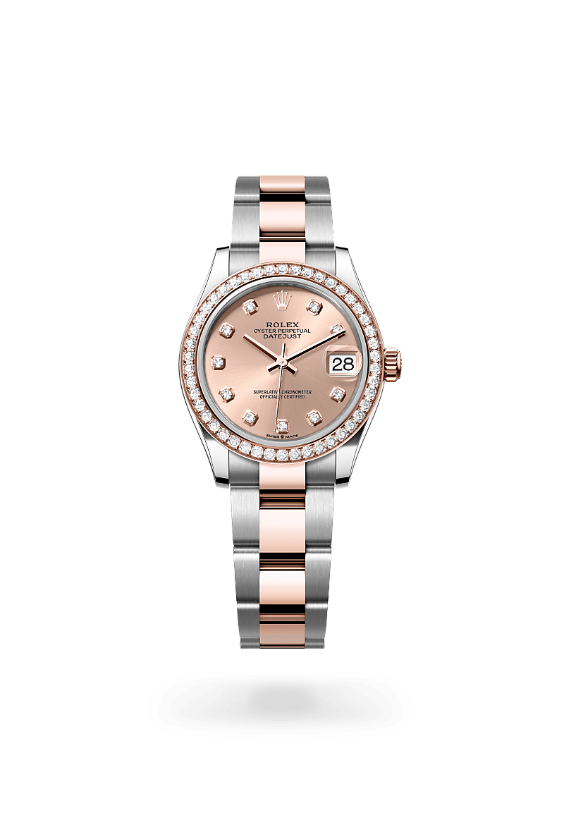 Rolex Datejust 31 in Oyster, 31 mm, Oystersteel, Everose gold and diamonds with a Rosé-colour set with diamonds dial, Set with diamonds bezel, and Oyster, three-piece solid links bracelet