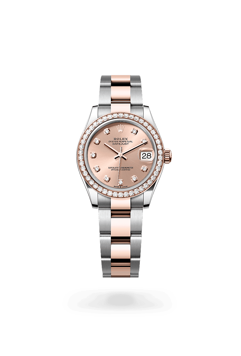 Rolex Datejust 31 in Oyster, 31 mm, Oystersteel, Everose gold and diamonds with a Rosé-colour set with diamonds dial, Set with diamonds bezel, and Oyster, three-piece solid links bracelet