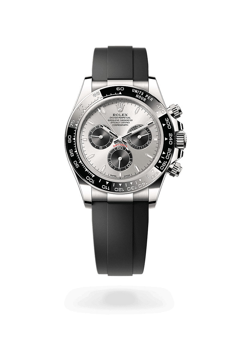 Rolex Cosmograph Daytona in Oyster, 40 mm, witgoud with a Staal en helderzwart dial, Zwarte Cerachrom-bezel uit één stuk keramiek met gevormde tachymetrische schaal bezel, and Oysterflex-band bracelet