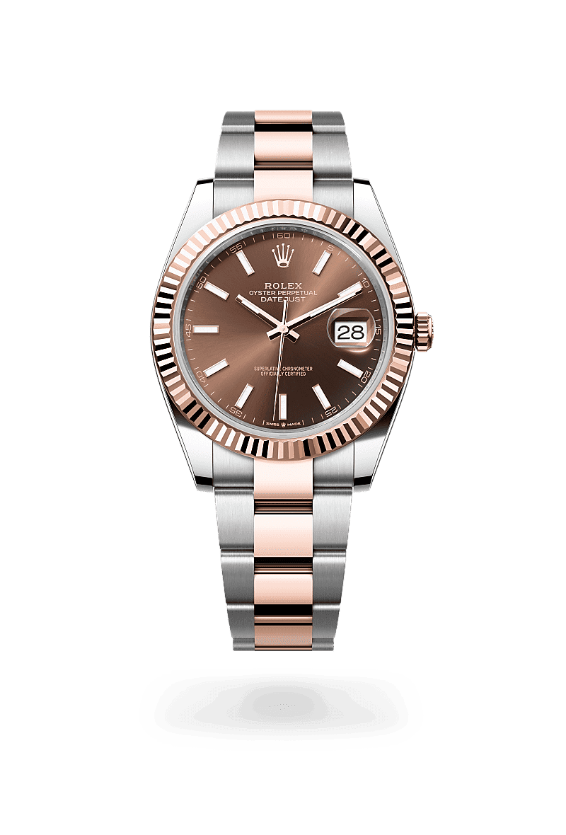 Rolex Datejust 41 in Oyster, 41 mm, Oystersteel and Everose gold with a Chocolate dial, Fluted bezel, and Oyster, three-piece solid links bracelet