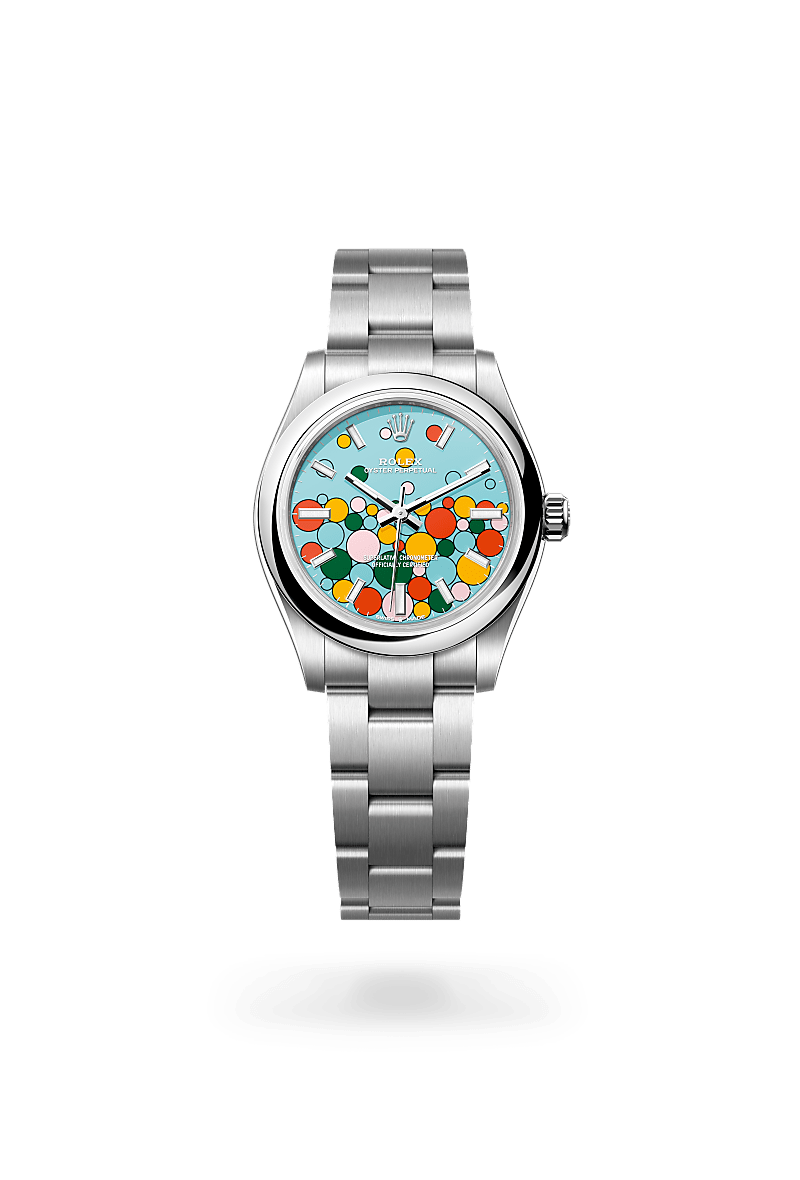 Rolex Oyster Perpetual 31 in Oyster, 31 mm, Oystersteel with a Turquoise blue, Celebration motif dial, Domed bezel, and Oyster, three-piece solid links bracelet