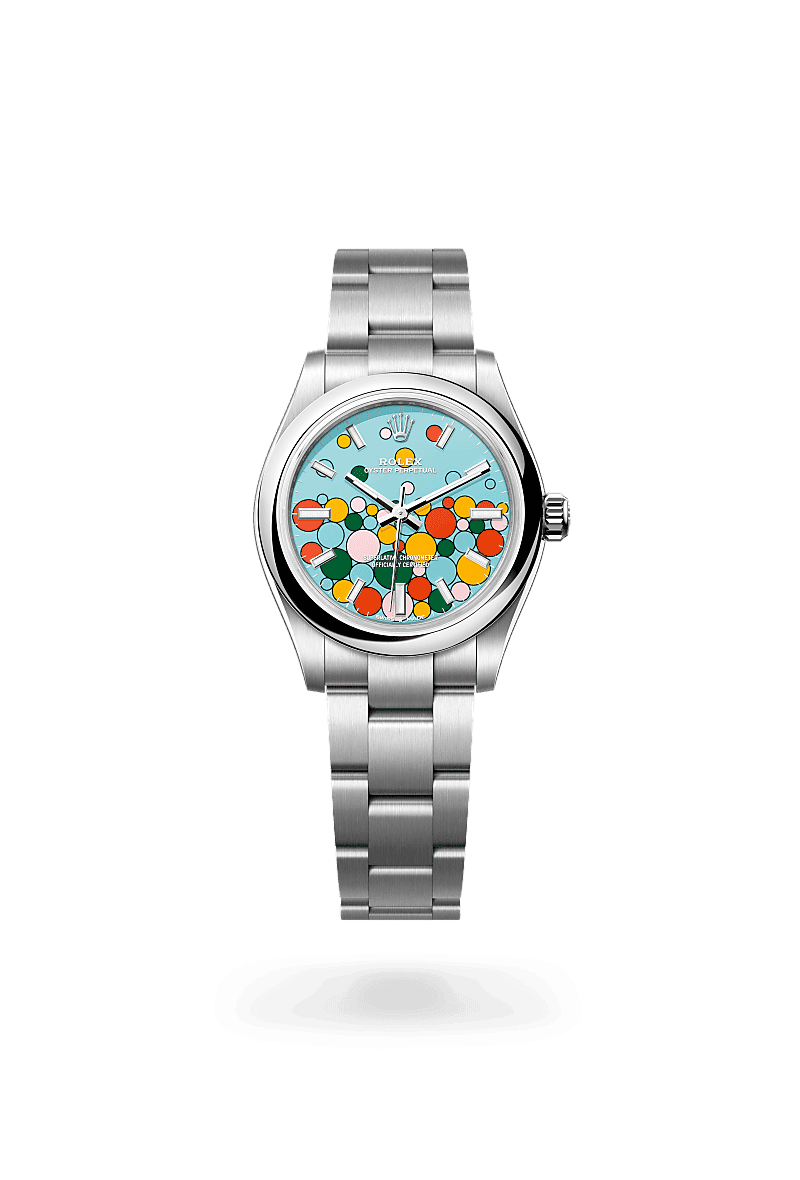 Rolex Oyster Perpetual 31 in Oyster, 31 mm, Oystersteel with a Turquoise blue, Celebration motif dial, Domed bezel, and Oyster, three-piece solid links bracelet