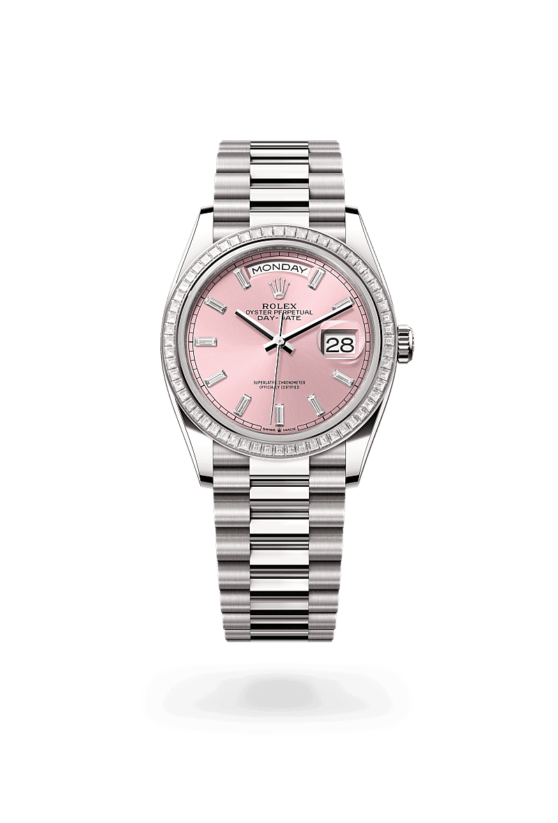 Rolex Day-Date 36 in Oyster, 36 mm, witgoud en diamanten with a Roze, bezet met diamanten dial, Bezet met diamanten bezel, and President, halfronde driedelige schakels bracelet