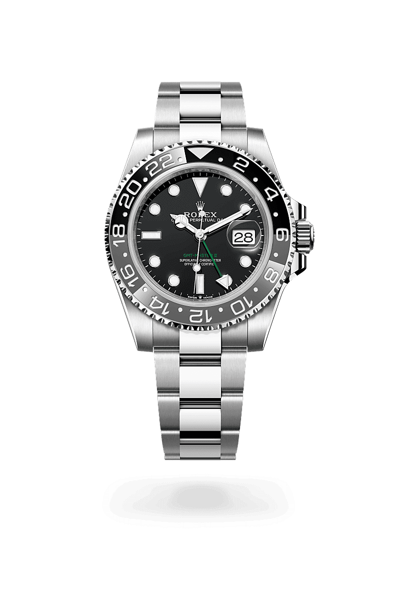 Rolex GMT-Master II in Oyster, 40 mm, Oystersteel with a Zwart dial, Bidirectioneel draaibare bezel met 24-uursaanduiding. Tweekleurige keramische Cerachrom-ring, grijs en zwart, gevormde cijfers en graadverdelingen bezel, and Oyster, massieve driedelige schakels bracelet