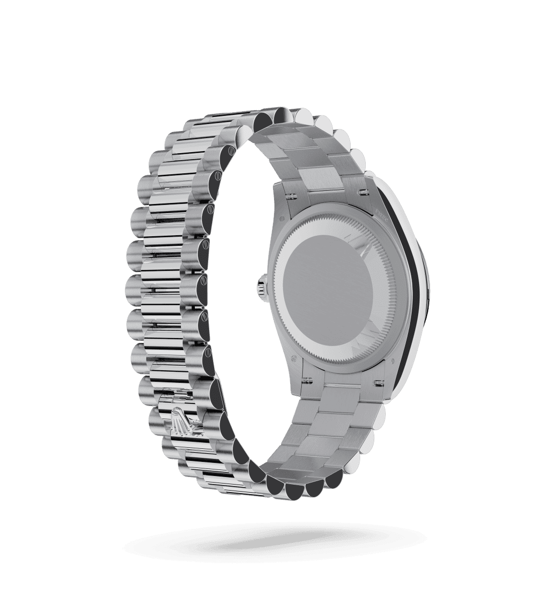 Rolex Day-Date 36 in Oyster, 36 mm, platina with a IJsblauw dial, Gekarteld bezel, and President, halfronde driedelige schakels bracelet