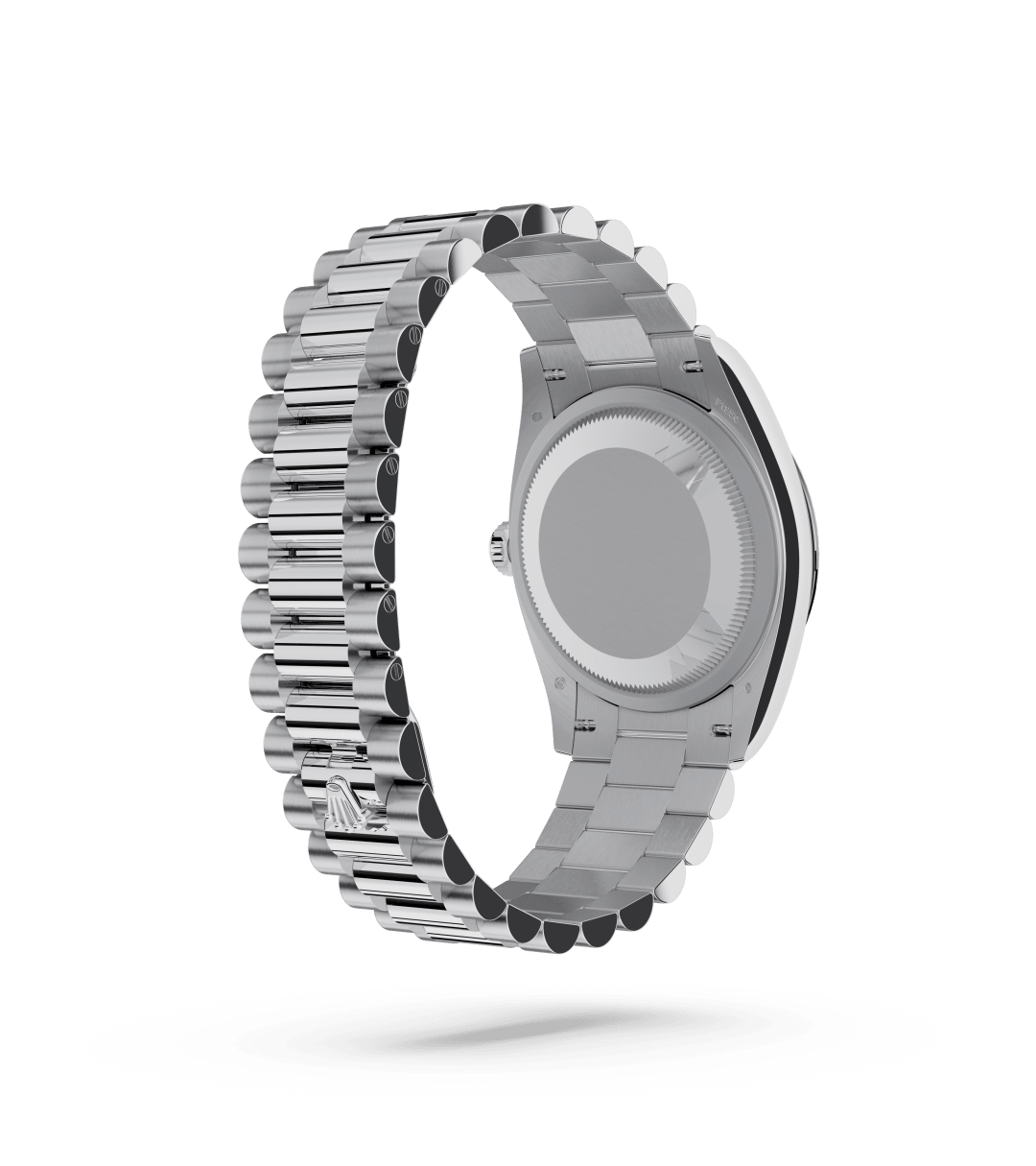 Rolex Day-Date 36 in Oyster, 36 mm, platinum with a Ice blue dial, Fluted bezel, and President, semi-circular three-piece links bracelet