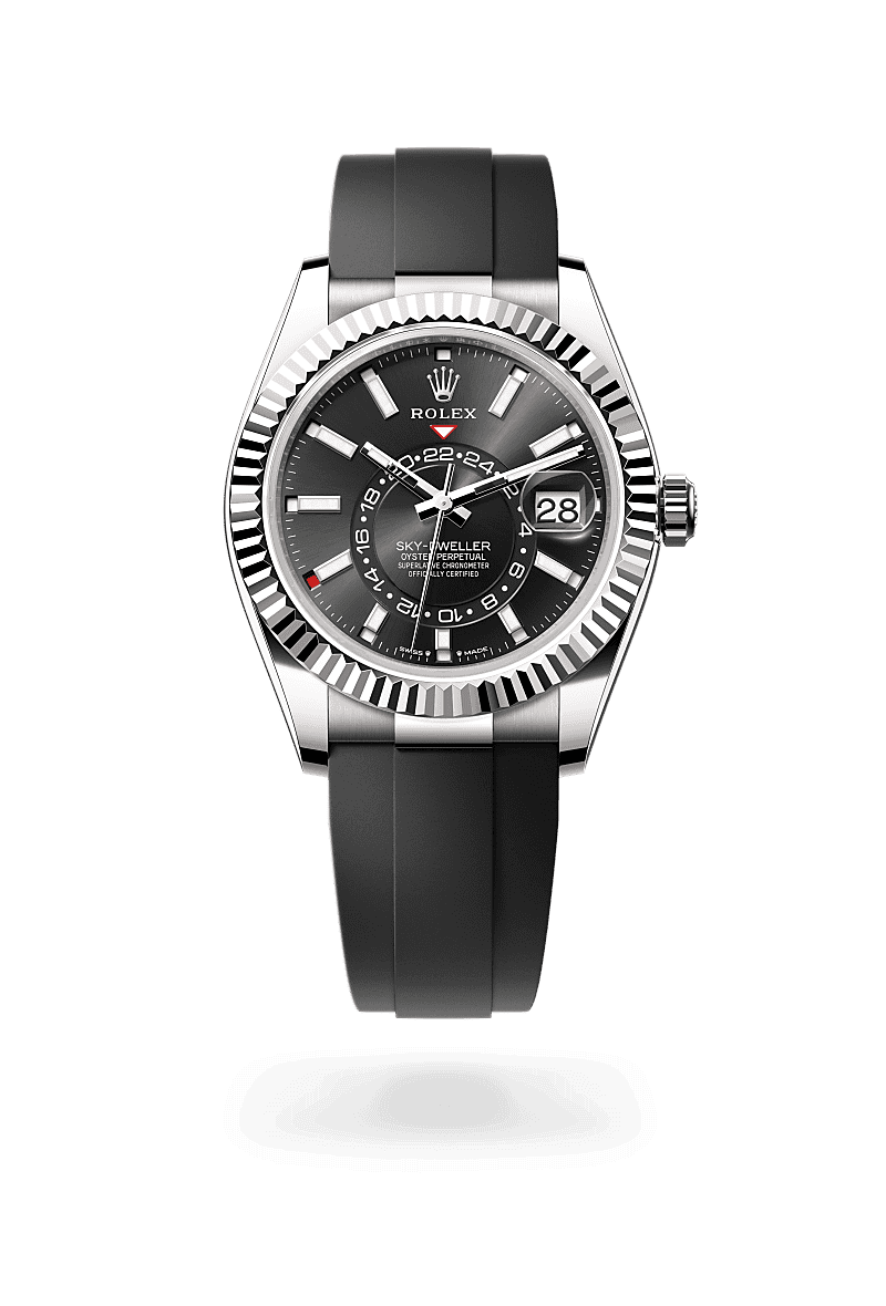 Rolex Sky-Dweller in Oyster, 42 mm, white gold with a Bright black dial, Fluted, bidirectional rotatable Rolex Ring Command bezel, and Oysterflex bracelet