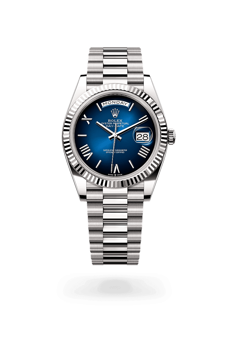 Rolex Day-Date 40 in Oyster, 40 mm, white gold with a Blue ombré dial, Fluted bezel, and President, semi-circular three-piece links bracelet