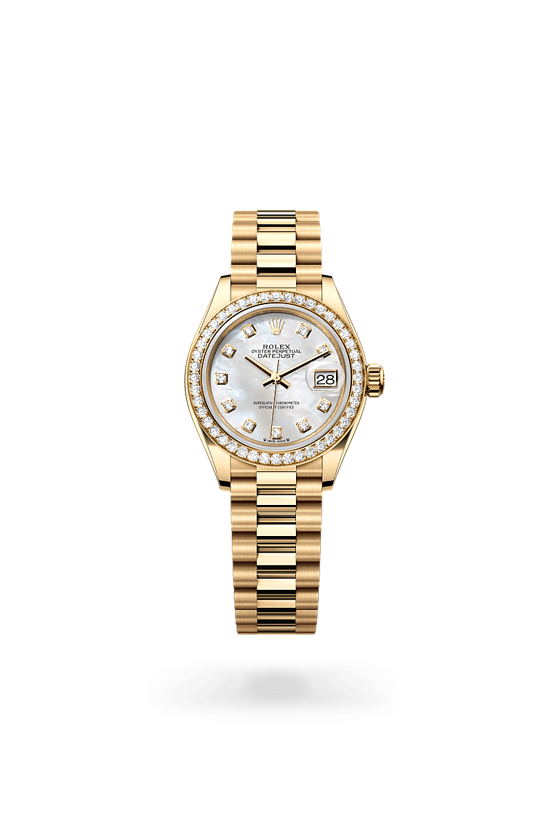 Rolex Lady-Datejust in Oyster, 28 mm, geelgoud en diamanten with a Wit parelmoer, bezet met diamanten dial, Bezet met 44 briljantgeslepen diamanten bezel, and President, halfronde driedelige schakels bracelet