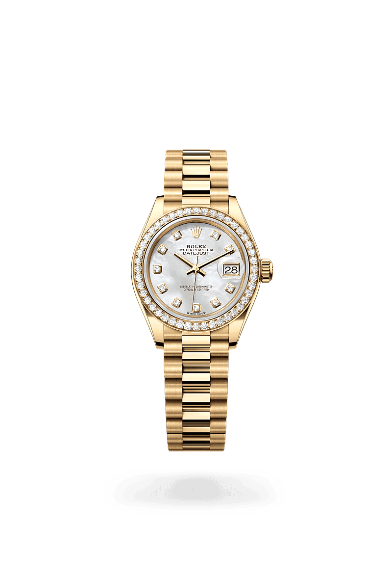 Rolex Lady-Datejust in Oyster, 28 mm, geelgoud en diamanten with a Wit parelmoer, bezet met diamanten dial, Bezet met 44 briljantgeslepen diamanten bezel, and President, halfronde driedelige schakels bracelet