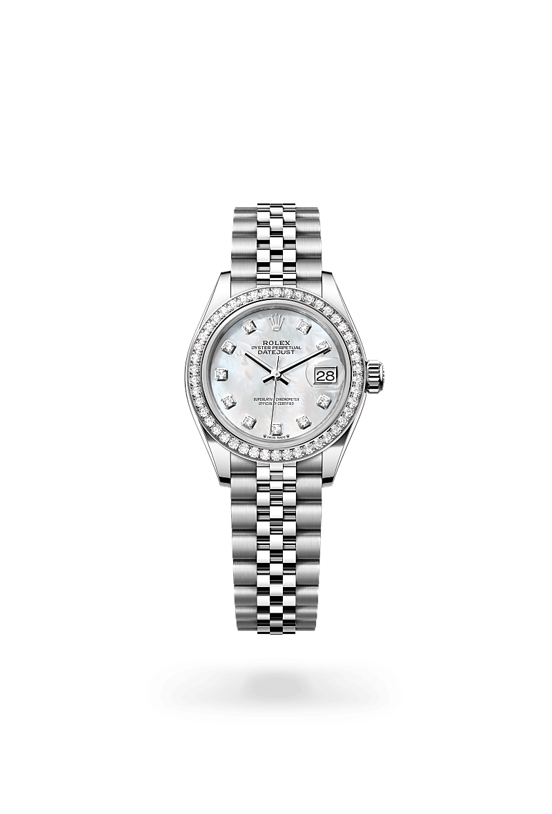 Rolex Lady-Datejust in Oyster, 28 mm, Oystersteel, white gold and diamonds with a White mother-of-pearl set with diamonds dial, Set with diamonds bezel, and Jubilee, five-piece links bracelet