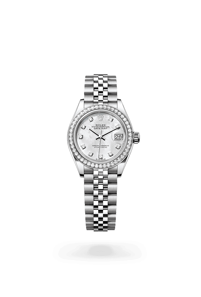 Rolex Lady-Datejust in Oyster, 28 mm, Oystersteel, witgoud en diamanten with a Wit parelmoer, bezet met diamanten dial, Bezet met diamanten bezel, and Jubilee, vijfdelige schakels bracelet