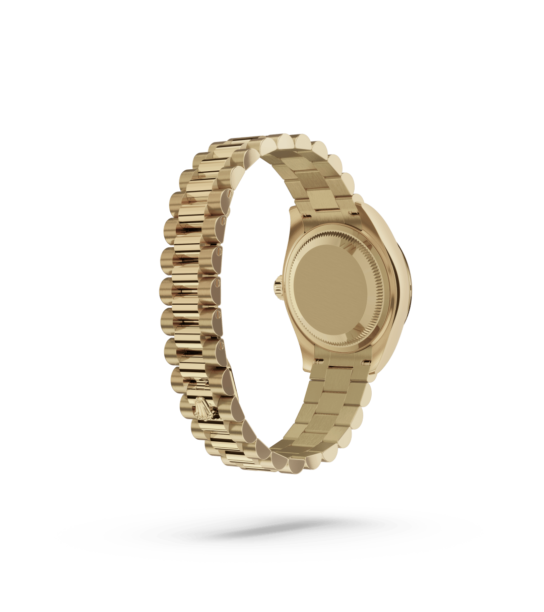 Rolex Lady-Datejust in Oyster, 28 mm, geelgoud with a Champagnekleurig bezet met diamanten dial, Gekarteld bezel, and President, halfronde driedelige schakels bracelet