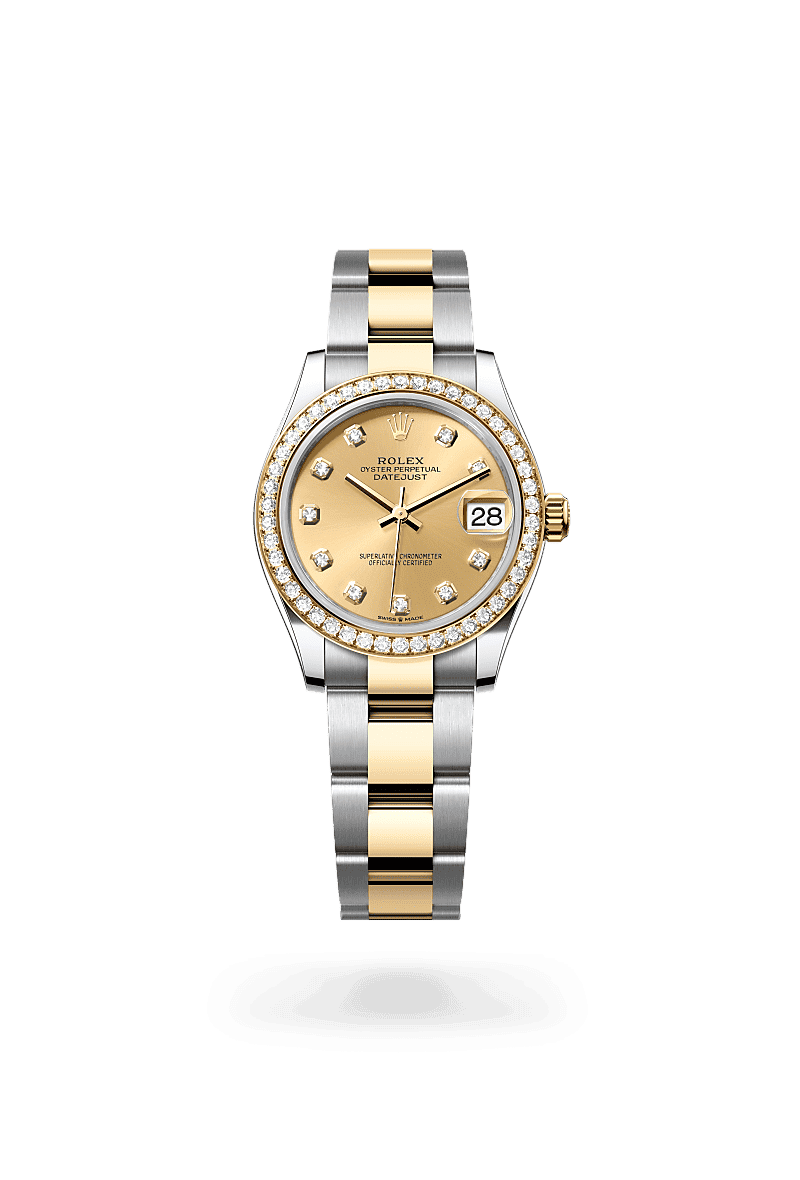 Rolex Datejust 31 in Oyster, 31 mm, Oystersteel, geelgoud en diamanten with a Champagnekleurig, bezet met diamanten dial, Bezet met diamanten bezel, and Oyster, massieve driedelige schakels bracelet