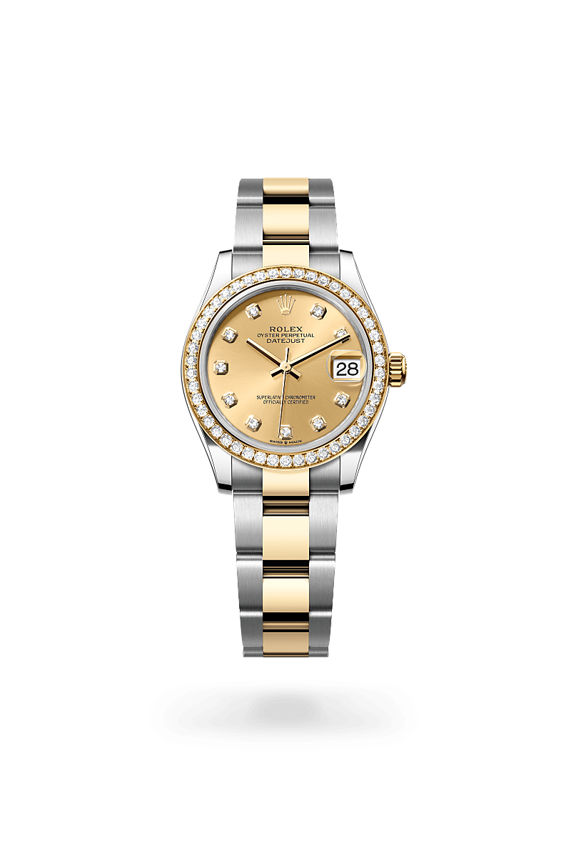 Rolex Datejust 31 in Oyster, 31 mm, Oystersteel, yellow gold and diamonds with a Champagne-colour set with diamonds dial, Set with diamonds bezel, and Oyster, three-piece solid links bracelet