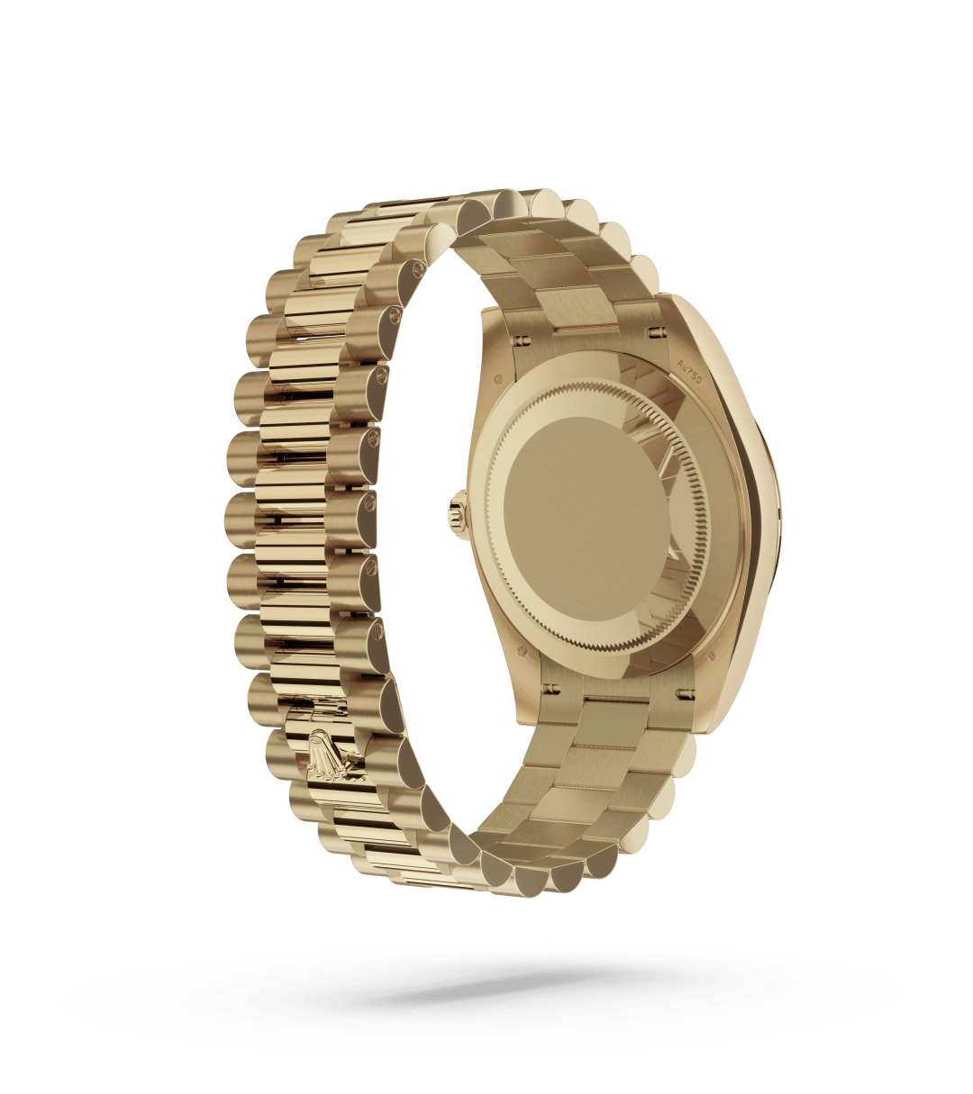 Rolex Day-Date 40 in Oyster, 40 mm, geelgoud with a Wit dial, Gekarteld bezel, and President, halfronde driedelige schakels bracelet