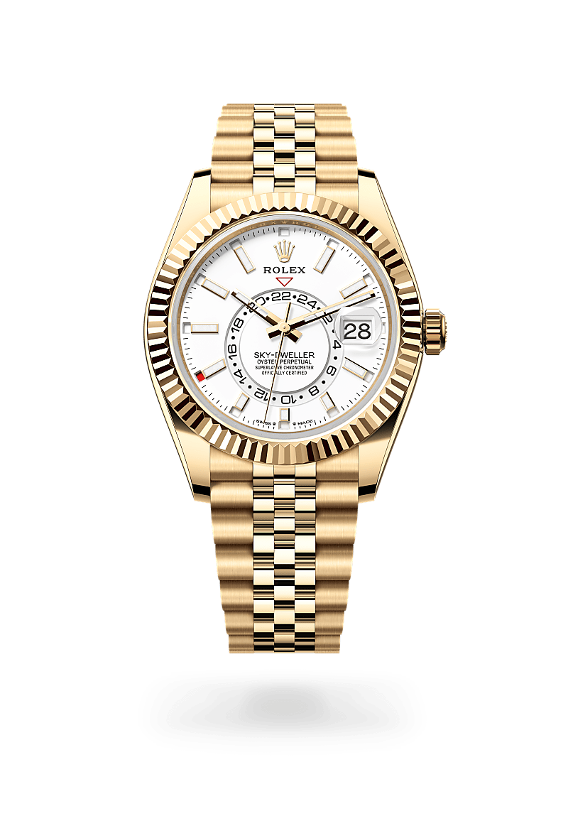 Rolex Sky-Dweller in Oyster, 42 mm, yellow gold with a Intense white dial, Fluted, bidirectional rotatable Rolex Ring Command bezel, and Jubilee, five-piece links bracelet