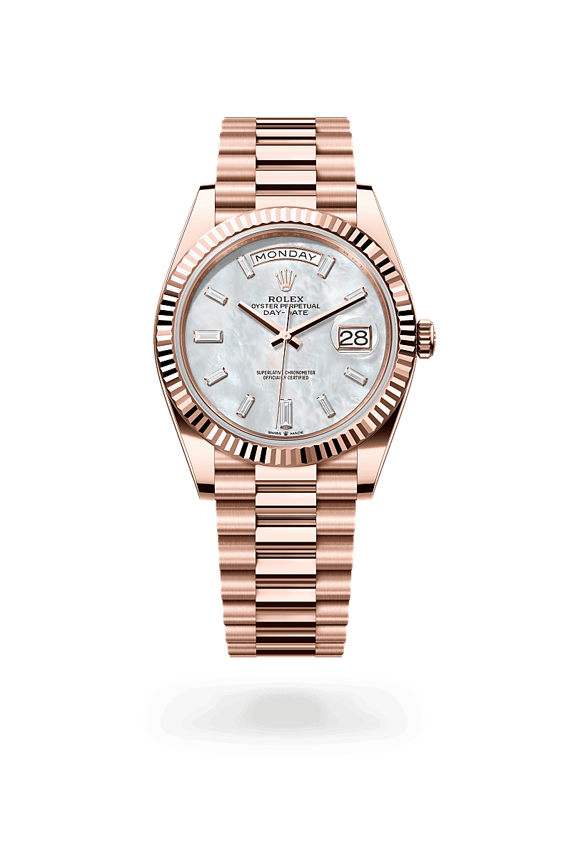 Rolex Day-Date 40 in Oyster, 40 mm, Everose gold with a White mother-of-pearl set with diamonds dial, Fluted bezel, and President, semi-circular three-piece links bracelet