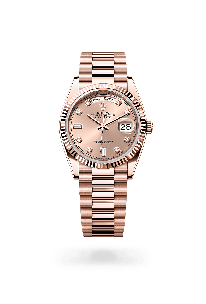 Rolex Day-Date 36 in Oyster, 36 mm, Everose-goud with a Rosékleurig bezet met diamanten dial, Gekarteld bezel, and President, halfronde driedelige schakels bracelet
