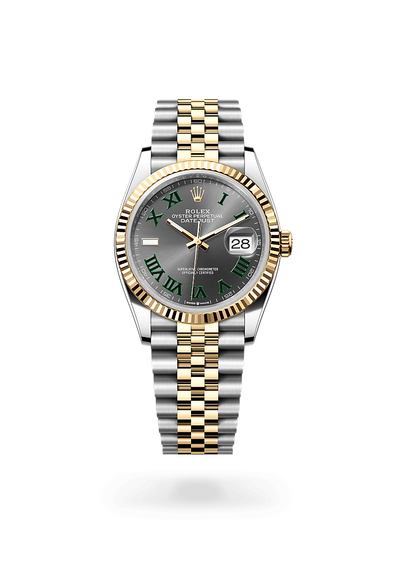 Rolex Datejust 36 in Oyster, 36 mm, Oystersteel en geelgoud with a Leigrijs dial, Gekarteld bezel, and Jubilee, vijfdelige schakels bracelet
