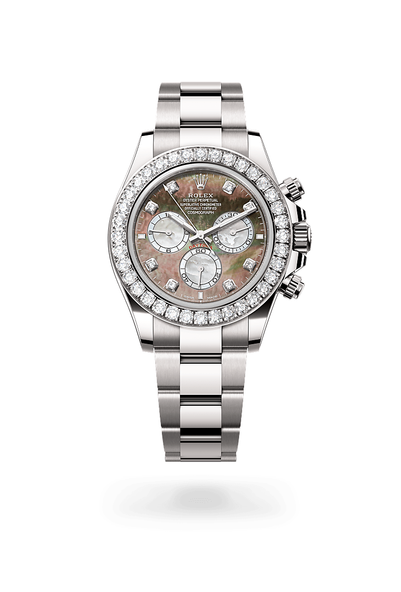 Rolex Cosmograph Daytona in Oyster, 40 mm, witgoud en diamanten with a Zwart en wit parelmoer bezet met diamanten dial, Bezet met diamanten bezel, and Oyster, massieve driedelige schakels bracelet