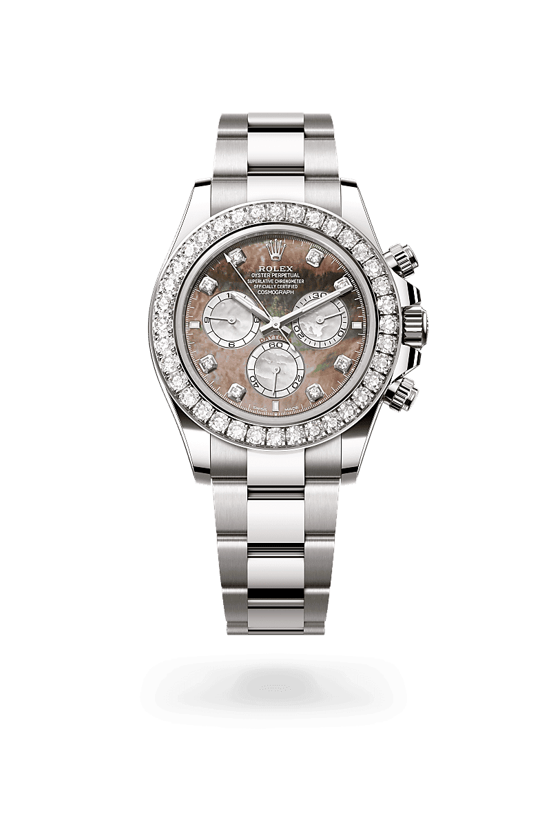 Rolex Cosmograph Daytona in Oyster, 40 mm, white gold and diamonds with a Black and white mother-of-pearl set with diamonds dial, Set with diamonds bezel, and Oyster, three-piece solid links bracelet