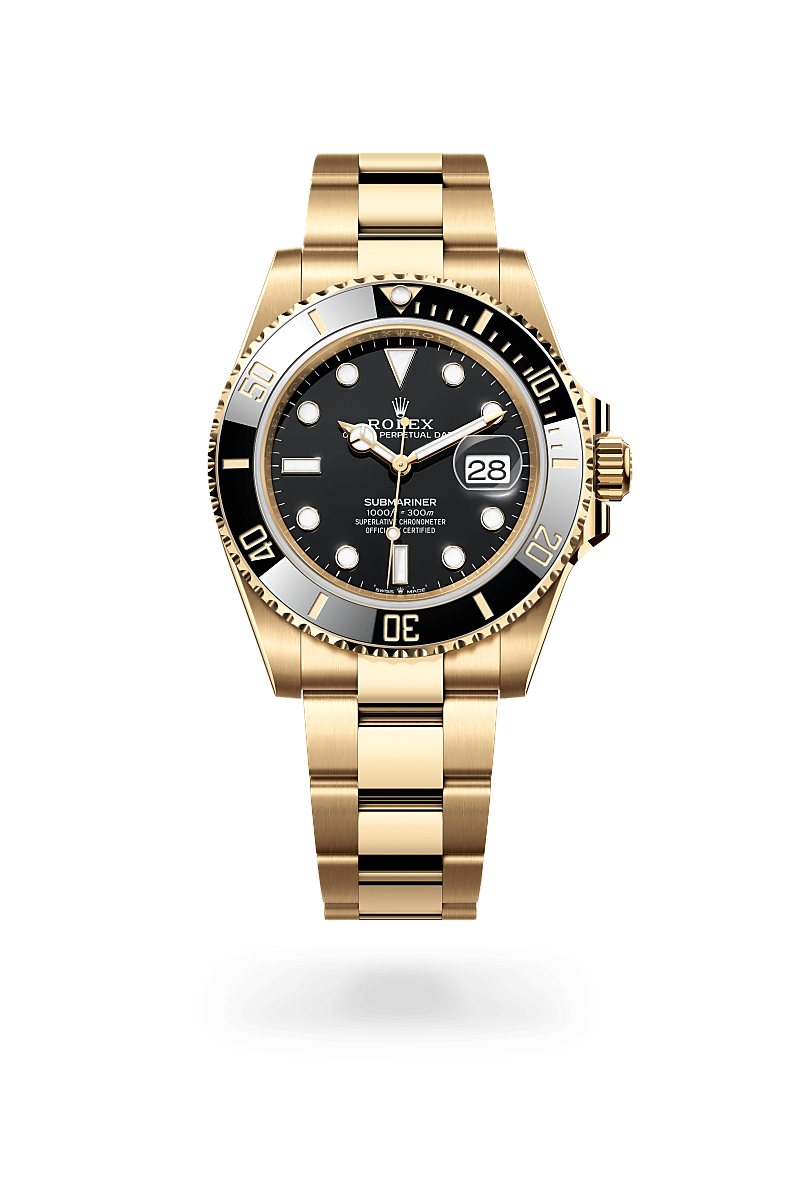 Rolex Submariner Date in Oyster, 41 mm, yellow gold with a Black dial, Unidirectional rotatable 60-minute graduated, scratch-resistant Cerachrom insert in black ceramic, numerals and graduations coated in gold bezel, and Oyster, three-piece solid links bracelet
