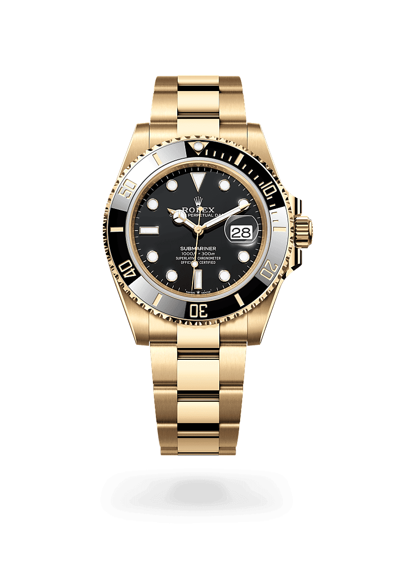 Rolex Submariner Date in Oyster, 41 mm, yellow gold with a Black dial, Unidirectional rotatable 60-minute graduated, scratch-resistant Cerachrom insert in black ceramic, numerals and graduations coated in gold bezel, and Oyster, three-piece solid links bracelet