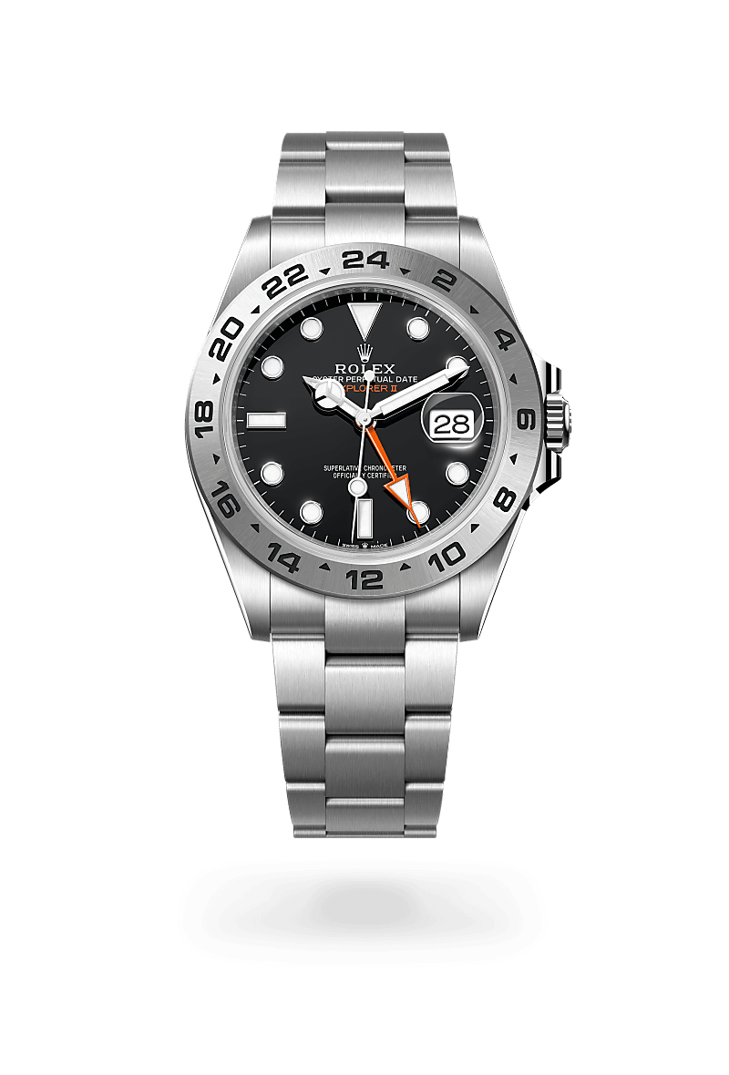 Rolex Explorer II in Oyster, 42 mm, Oystersteel with a Black dial, Fixed, 24-hour graduated bezel, and Oyster, three-piece solid links bracelet