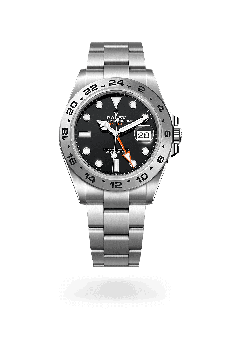 Rolex Explorer II in Oyster, 42 mm, Oystersteel with a Black dial, Fixed, 24-hour graduated bezel, and Oyster, three-piece solid links bracelet