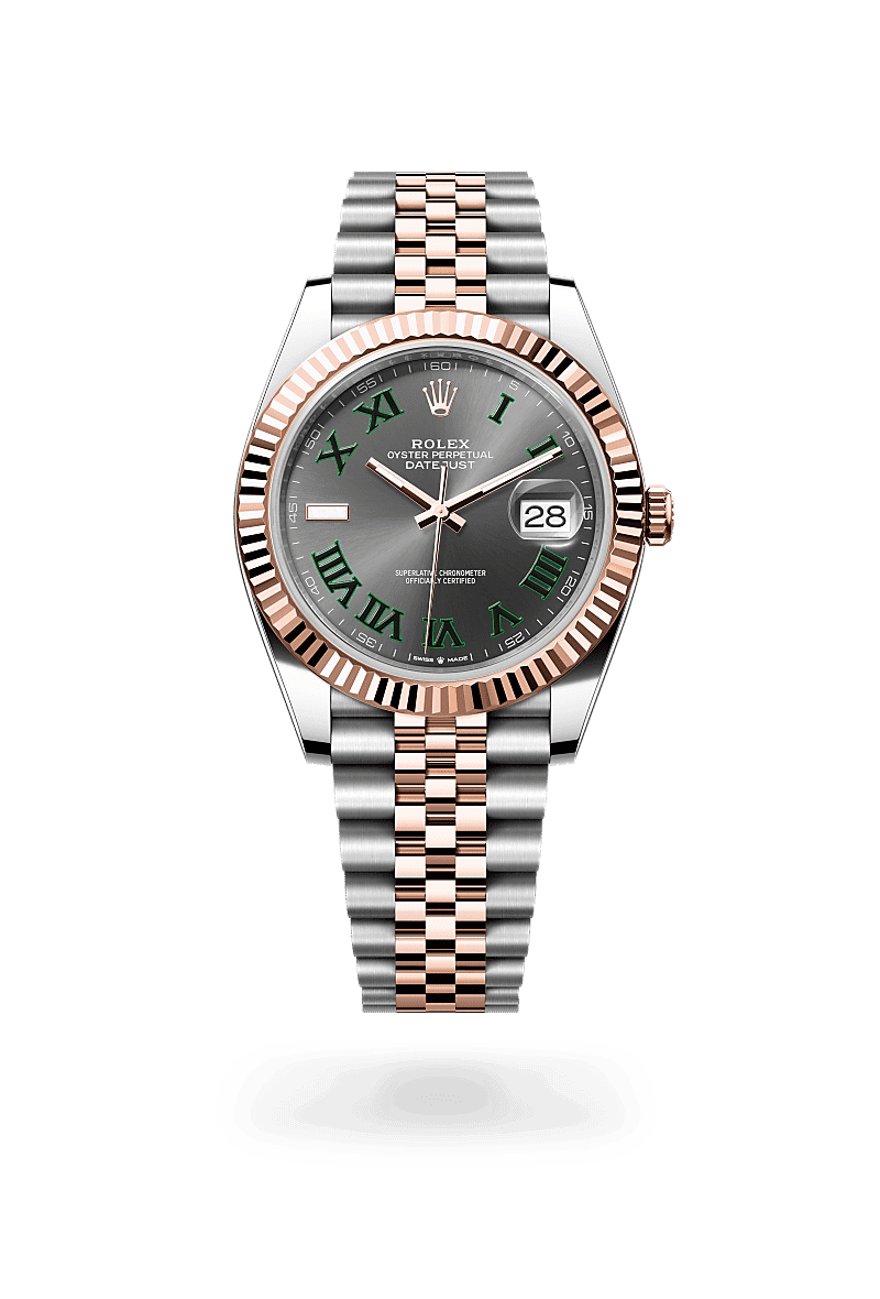 Rolex Datejust 41 in Oyster, 41 mm, Oystersteel and Everose gold with a Slate dial, Fluted bezel, and Jubilee, five-piece links bracelet
