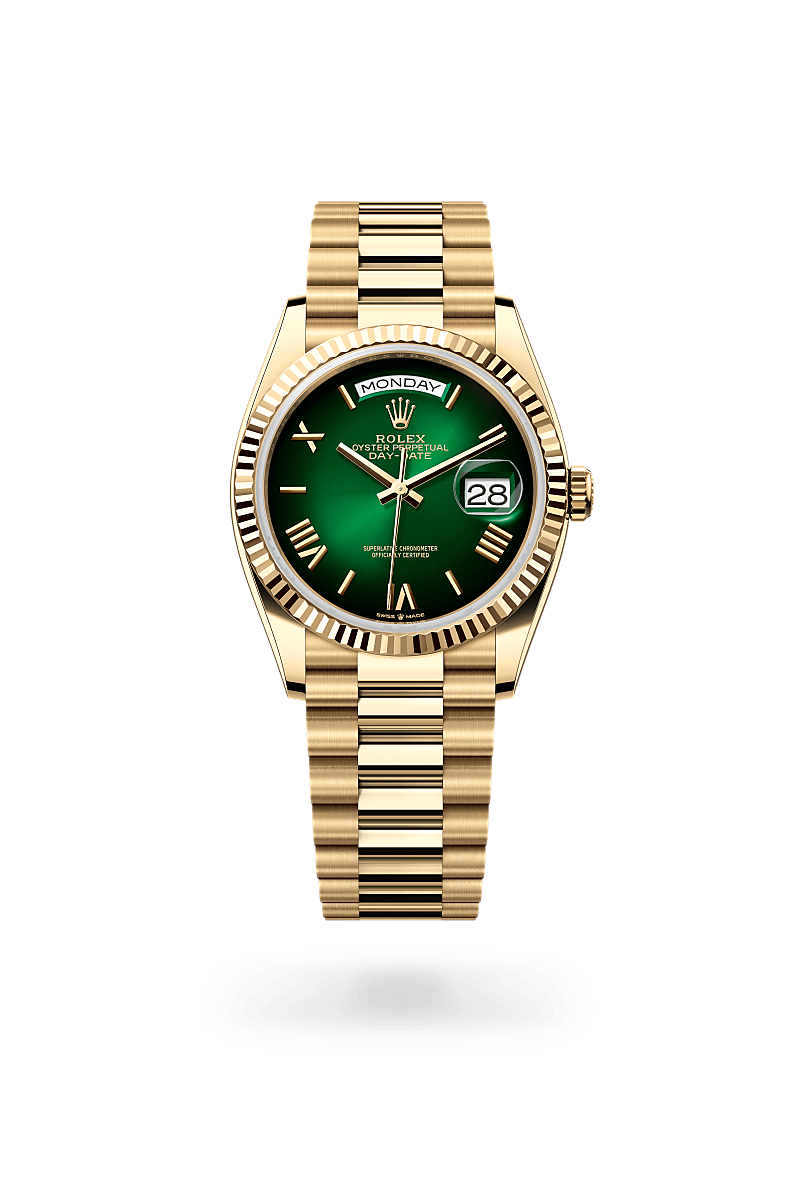 Rolex Day-Date 36 in Oyster, 36 mm, yellow gold with a Green ombré dial, Fluted bezel, and President, semi-circular three-piece links bracelet