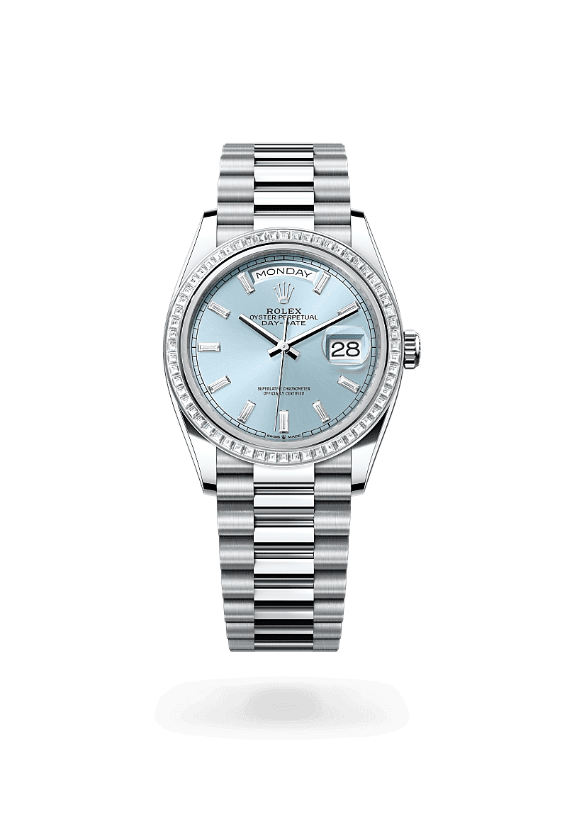 Rolex Day-Date 36 in Oyster, 36 mm, platinum and diamonds with a Ice blue set with diamonds dial, Set with diamonds bezel, and President, semi-circular three-piece links bracelet