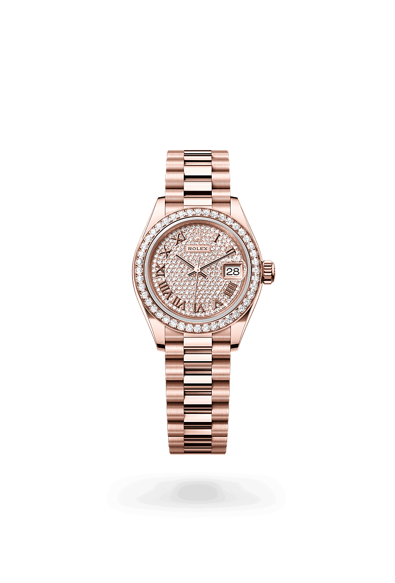 Rolex Lady-Datejust in Oyster, 28 mm, Everose gold and diamonds with a Diamond-paved dial, Set with diamonds bezel, and President, semi-circular three-piece links bracelet