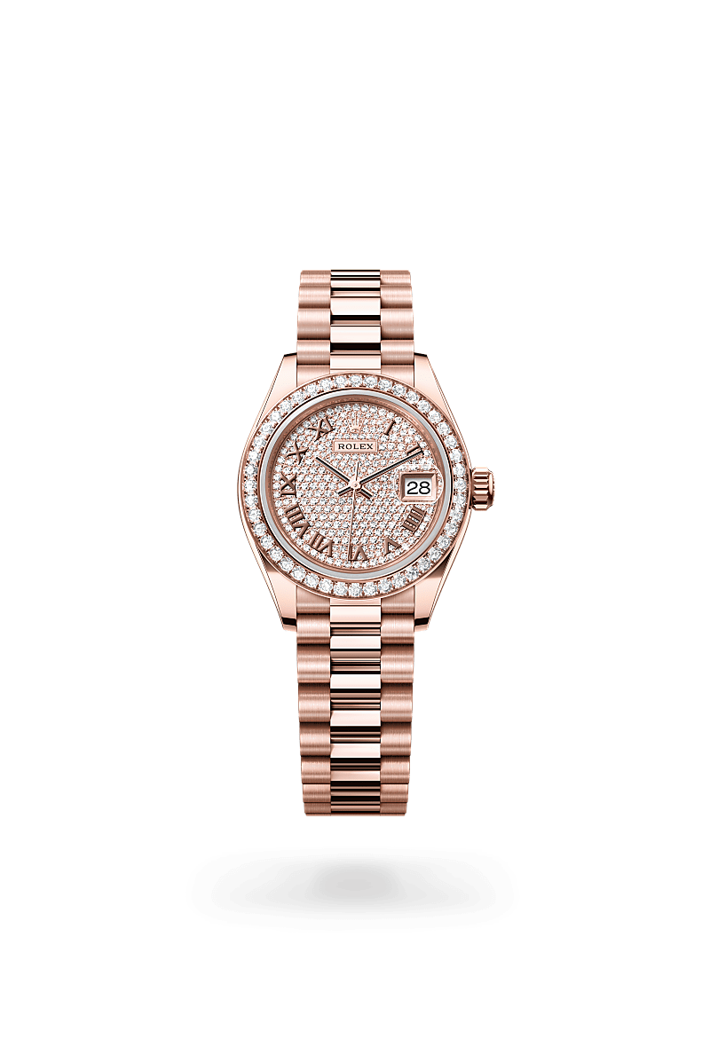 Rolex Lady-Datejust in Oyster, 28 mm, Everose-goud en diamanten with a Belegd met diamanten dial, Bezet met diamanten bezel, and President, halfronde driedelige schakels bracelet