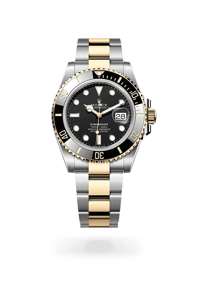 Rolex Submariner Date in Oyster, 41 mm, Oystersteel en geelgoud with a Zwart dial, Unidirectioneel draaibaar, 60-minutenverdeling, krasbestendige Cerachrom-ring van zwarte keramiek, cijfers en schaalverdelingen met gouden coating bezel, and Oyster, massieve driedelige schakels bracelet