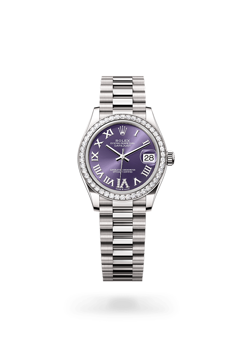 Rolex Datejust 31 in Oyster, 31 mm, white gold and diamonds with a Aubergine set with diamonds dial, Set with diamonds bezel, and President, semi-circular three-piece links bracelet