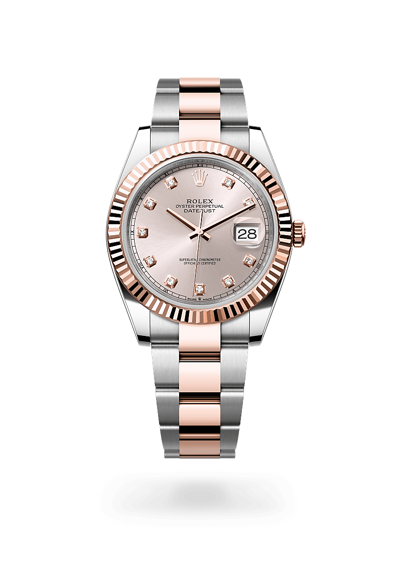 Rolex Datejust 41 in Oyster, 41 mm, Oystersteel and Everose gold with a Sundust set with diamonds dial, Fluted bezel, and Oyster, three-piece solid links bracelet