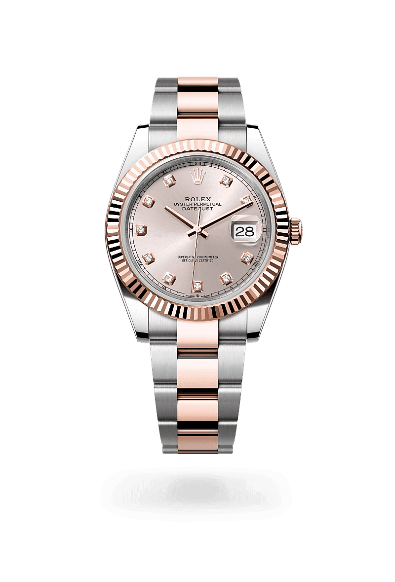 Rolex Datejust 41 in Oyster, 41 mm, Oystersteel en Everose-goud with a Sundust bezet met diamanten dial, Gekarteld bezel, and Oyster, massieve driedelige schakels bracelet