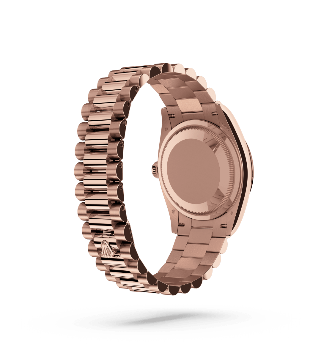 Rolex Day-Date 36 in Oyster, 36 mm, Everose gold with a White dial, Fluted bezel, and President, semi-circular three-piece links bracelet