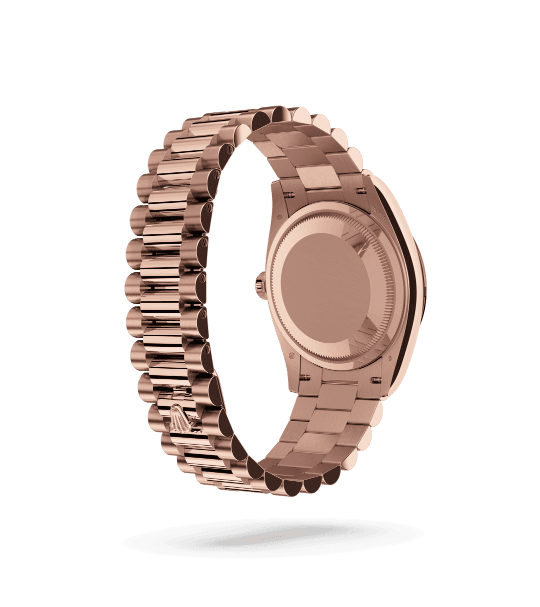 Rolex Day-Date 36 in Oyster, 36 mm, Everose gold with a White dial, Fluted bezel, and President, semi-circular three-piece links bracelet